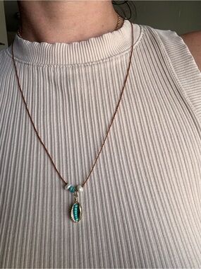 Turquoise Shell Pendant Necklace on Brown Cord - Women's Jewelry